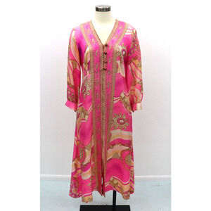 Vintage DELA-ANN Novelty Pink Glam Jewelry Print Lounge Kaftan Dress 1960's M